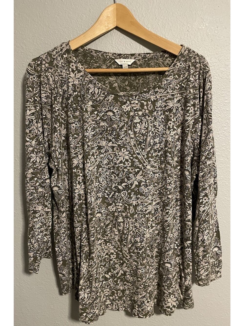 Lucky Brand Womens Top Size 2X Gray Paisley Print 3/4 Sleeve Hippie Peasant Boho